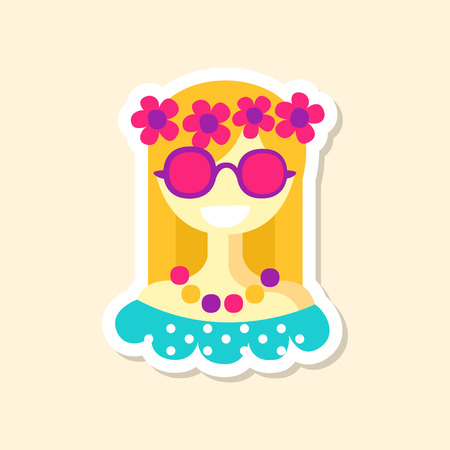 Beautiful hippie girl cute sticker in bright colors, fashion patch vector illustration, cartoon styleのイラスト素材
