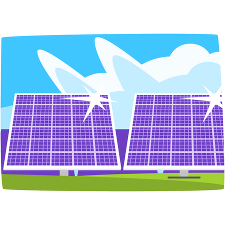 Solar power plant, ecological energy producing station, renewable resources horizontal vector illustrationのイラスト素材