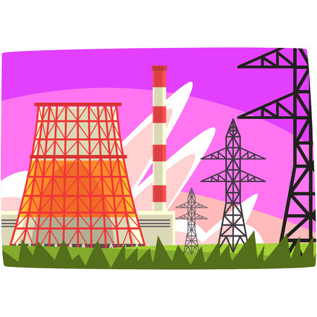 Traditional energy generation power station, electricity generation plant horizontal vector illustrationのイラスト素材