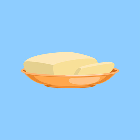 Piece of butter on a plate, fresh and healthy dairy product vector illustration on a light blue backgroundのイラスト素材