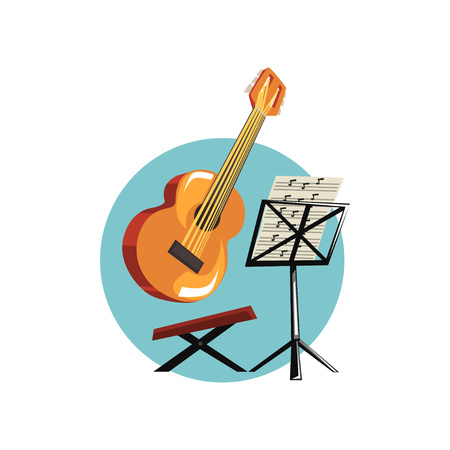 Symbols of the musician profession, acoustic guitar music stand with notes cartoon vector Illustrationのイラスト素材