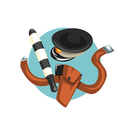 Symbols of traffic police officer profession, water hose, pruner and rake cartoon vector Illustrationのイラスト素材