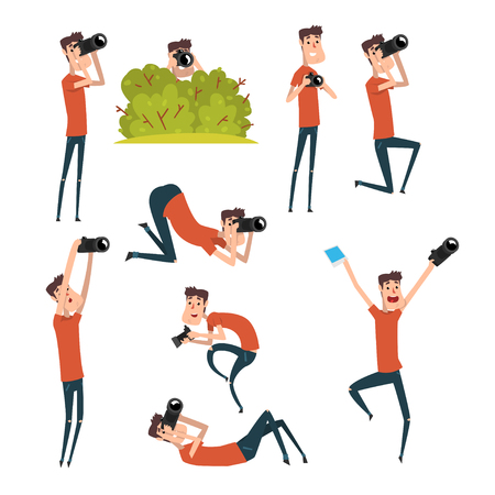 Set of photographers in different situations. Cartoon man taking pictures using professional camera. Young cheerful guy in t-shirt and jeans. Flat vector designのイラスト素材