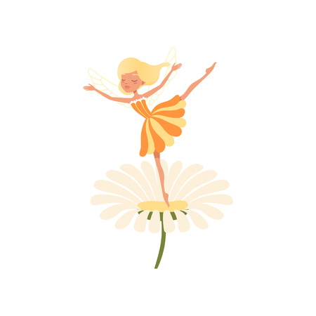 Beautiful blond fairy dancing on daisy flower. Imaginary fairytale character with little magic wings. Girl wearing cure orange dress. Colorful flat vector designのイラスト素材