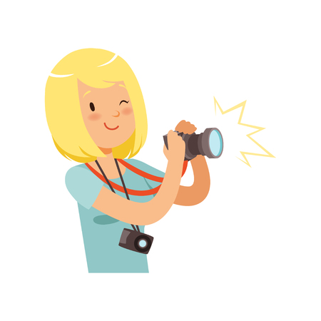 Girl taking pictures, young professional photographer character vector Illustration on a white backgroundのイラスト素材