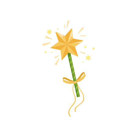 Colorful icon of fairy s wand with big golden star and yellow bow. Magic stick spreading bright sparkling lights. Witchcraft concept. Cartoon flat vector illustration isolated on white background.のイラスト素材