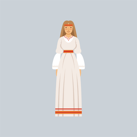 Young woman in traditional Slavic or pagan costume, representative of religious confession vector Illustrationのイラスト素材