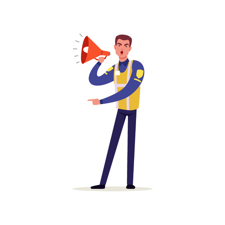 Officer of traffic police in uniform with high visibility vest using megaphone, policeman character at work vector Illustrationのイラスト素材