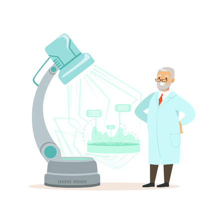 Mature doctor looking at media screen, scientist conducting research in modern laboratory concept vector illustrationのイラスト素材