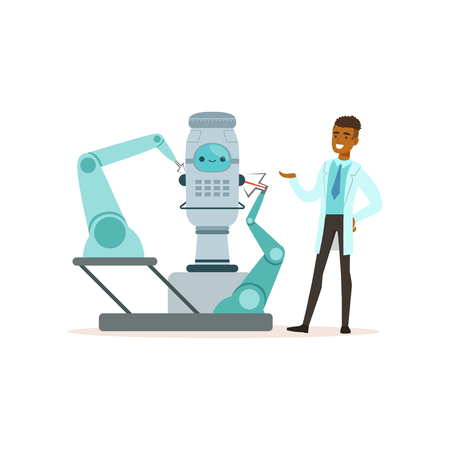 Male scientist working with robot conducting experiments in a modern laboratory vector illustrationのイラスト素材