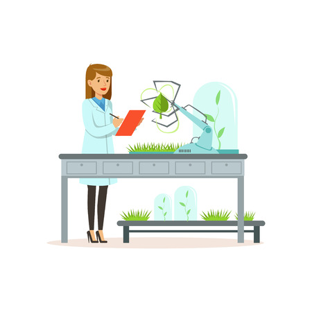 Female scientist and robotic arm conducting experiments in a modern laboratory, robotic arm working and testing green tree leaf, artificial intelligence concept vector illustrationのイラスト素材
