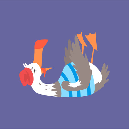 Dead seagull lying on its back, comic bird character cartoon vector illustration isolated on a blue backgroundのイラスト素材