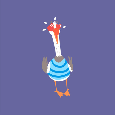 Funny seagull in love with eyes in the shape of heart, cute comic bird character cartoon vector illustration isolated on a blue backgroundのイラスト素材