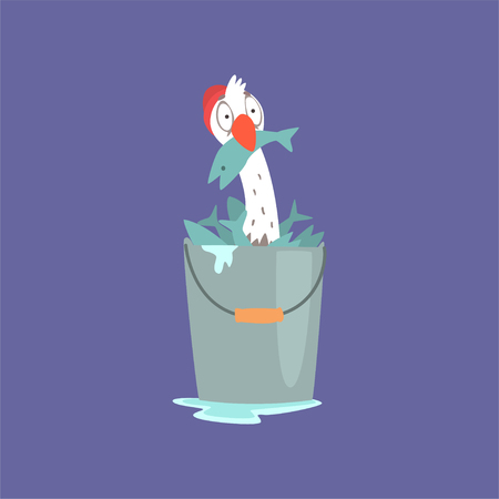 Funny seagull sitting inside of a bucket full of fish, cute comic bird character cartoon vector illustrationのイラスト素材