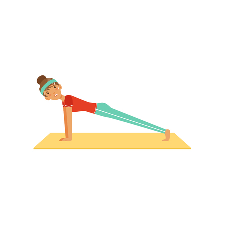 Sportive young woman character doing the push up exercise, girl working out in the fitness club or gym colorful vector Illustration.のイラスト素材