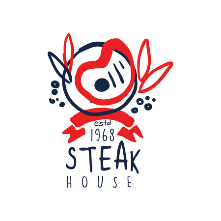 Steak house logo since 1968, vintage label colorful hand drawn vector Illustration isolated on a white backgroundのイラスト素材