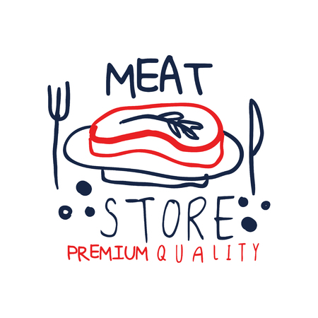 Meat store premium quality logo template, vintage label colorful hand drawn vector Illustration isolated on a white backgroundのイラスト素材