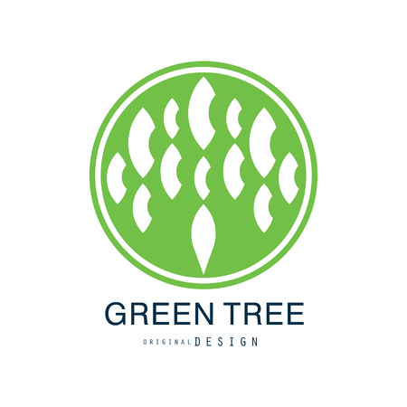 Green tree logo original design, green eco and bio circle badge, abstract organic element vector illustration isolated on a white backgroundのイラスト素材