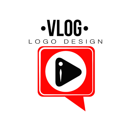 Flat vector emblem with black play button in red speech bubble. Videoblogging concept. Geometric logo for video channel, live stream or online broadcastのイラスト素材