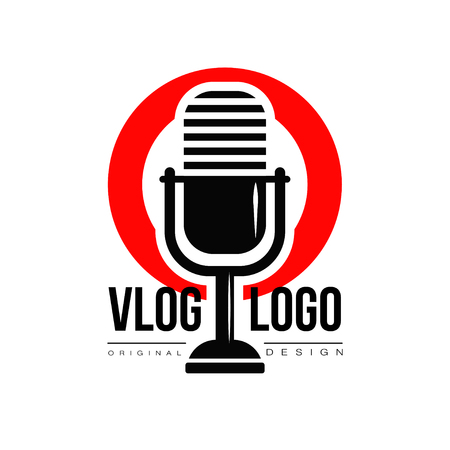 Interesting logo with retro microphone and red circle on background. Vlog or video blogging concept. Live stream badge. Simple icon with place for text. Original vector design in flat style.のイラスト素材