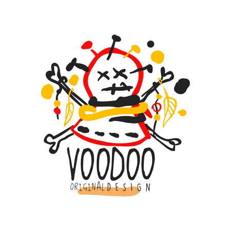 Creative colorful logo template with abstract head with needles for Voodoo magic shop. Spiritual or vodun magic concept. Hand drawn flat vector illustrationのイラスト素材