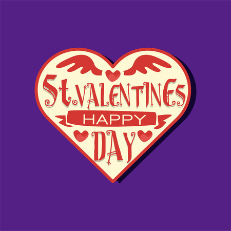 Red and white heart shape paper sticker for St. Valentine s day. 14 February couples love celebration. Romantic greeting card or tag for gift. Vector festive illustration isolated on purple backgroundのイラスト素材