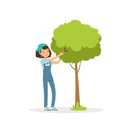 Girl cutting green tree using garden scissors. Volunteer at work. Cartoon teen character in overall, t-shirt and bandana. Gardening concept. Social activist. Flat vector illustration isolated on whiteのイラスト素材
