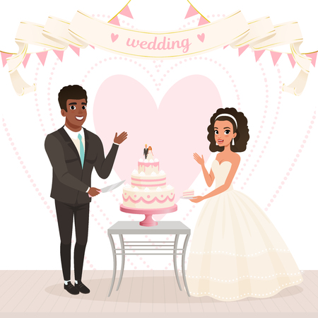 Cartoon caucasian bride and afro-american groom cutting wedding cake. Happy day. Young couple in love. Woman in lush white dress, man in classic black suit. Big heart on background. Flat vector designのイラスト素材