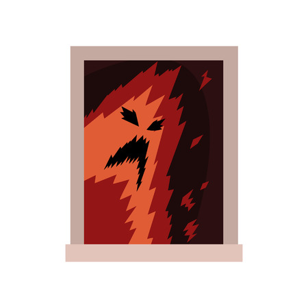 Terrible monster in window. Scary ghost silhouette with black eyes and mouth. View from the street. Exterior detail element. Halloween concept. Flat vector illustration isolated on white background.のイラスト素材