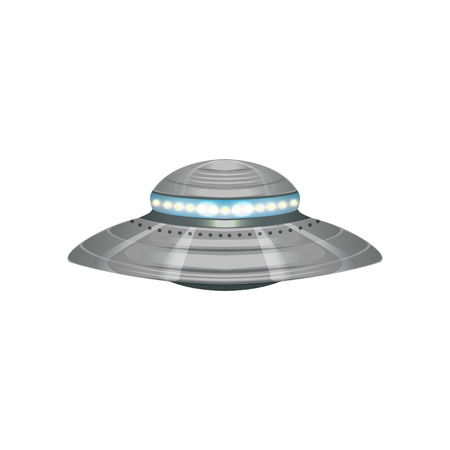 Cartoon alien flying saucer. Extraterrestrial space ship. UFO theme. Detailed silver or metallic martian vessel with blue lights. Colorful vector design in flat style isolated on white background.のイラスト素材