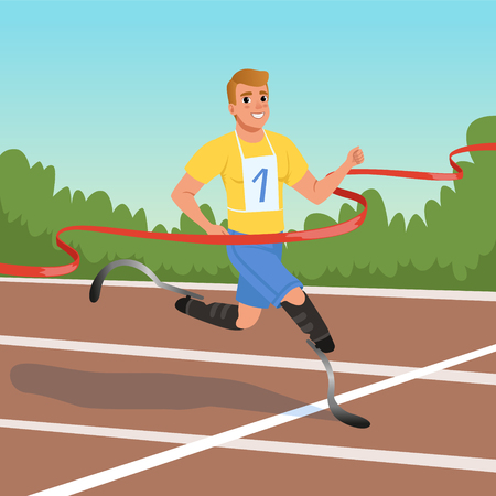 Young sprinter with prosthetic legs taking part in running competitions. Athlete with disabilities. Concept of paralympic games. Cartoon sportsman character crossing finish tape. Flat vector design.のイラスト素材