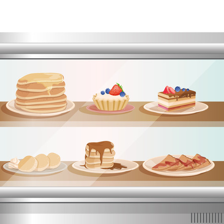 Glass showcase of cafe or bakery shop with various sweet desserts. Plates with stack of pancakes, fritters, cupcakes, cake and tartelette.のイラスト素材