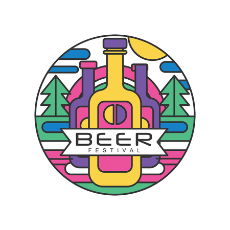 Round abstract logo template for beer festival. Colorful line art with bottles, fir trees, sun and sky.のイラスト素材