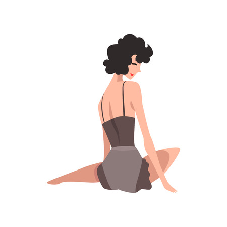 Back view of sitting fashion model in black vintage lingerie. Sexy woman in retro pin-up underwear. Cartoon sensual girl with black curly hair. Flat vector designのイラスト素材