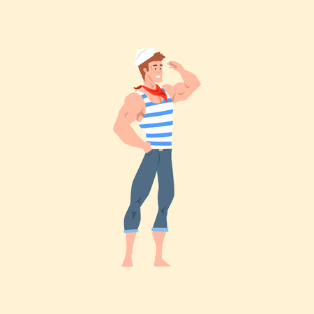Pin-up male model posing in vintage sailor costume striped shirt, jeans, cap and red bandanna. Handsome muscular man with smiling face expression. Flat vector designのイラスト素材