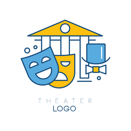 Abstract logo design with columns, hat-cylinder, bow tie, theatrical happy and sad masks. Creative line art with yellow and blue fill. Vector design for theater groupのイラスト素材
