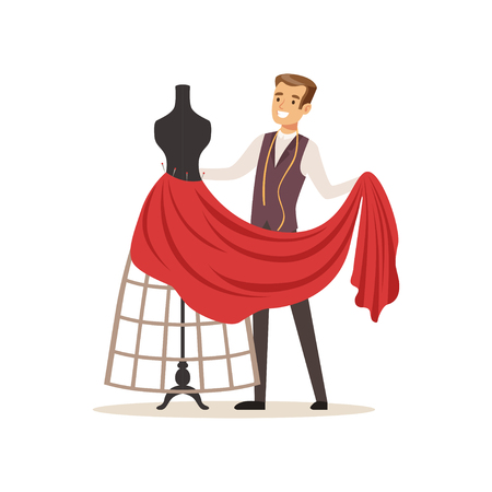 Male dressmaker sewing red dress on a dressmakers dummy, clothing designer or tailor working at atelier vector Illustration on a white backgroundのイラスト素材