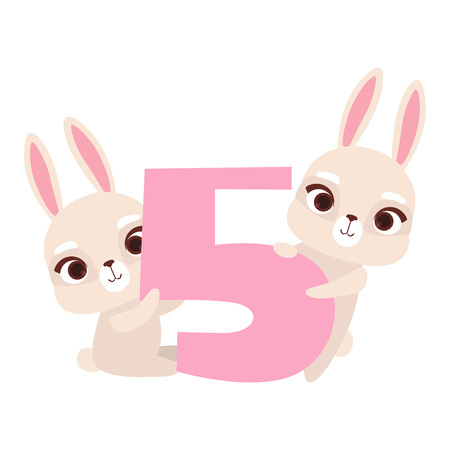 Funny cute bunny animals and number five, birthday anniversary, learn to count concept cartoon vector Illustrationのイラスト素材