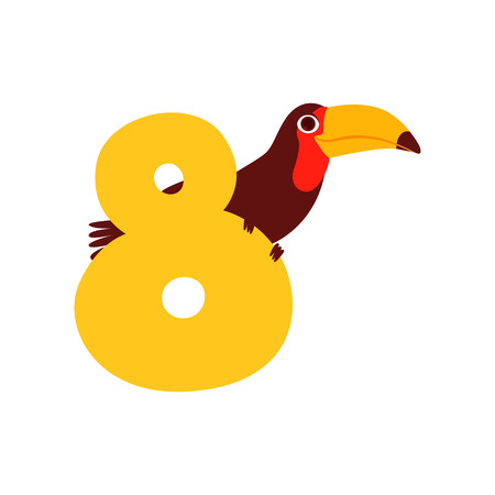 Funny cute toucan bird and number eight, birthday anniversary, learn to count concept cartoon vector Illustration on a white backgroundのイラスト素材