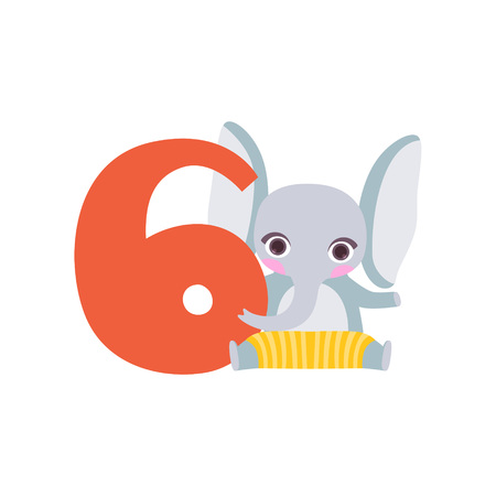Funny cute elephant animal and number six, birthday anniversary, learn to count concept cartoon vector Illustrationのイラスト素材