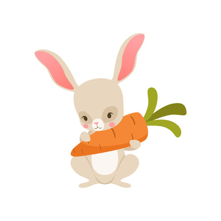 Cute cartoon bunny nolding carrot, funny rabbit character, Happy Easter concept cartoon vector Illustration on a white backgroundのイラスト素材