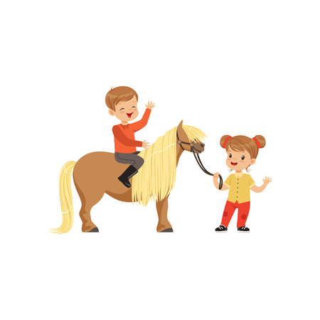 Boy sitting on pony horse and girl leading horseのイラスト素材