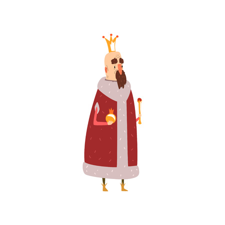 Funny m=bald king character in red mantle holding orb and scepter cartoon vector Illustrationのイラスト素材