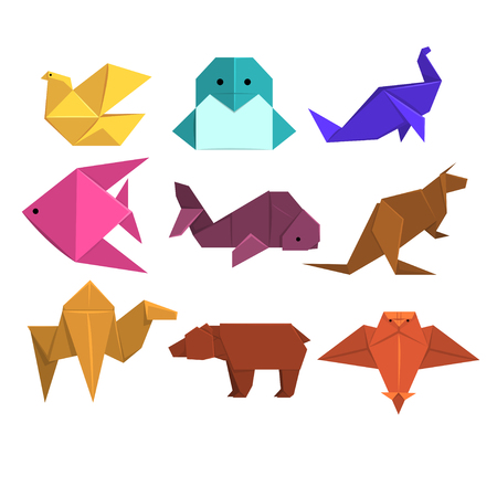 Animals origami set, animals and birds made of paper in origami technique vector Illustrationsのイラスト素材