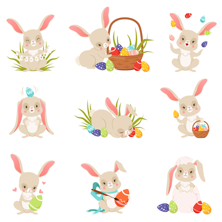 Cute cartoon bunnies holding and eggs set, funny rabbit characters, Happy Easter concept cartoon vector Illustrations on a white backgroundのイラスト素材