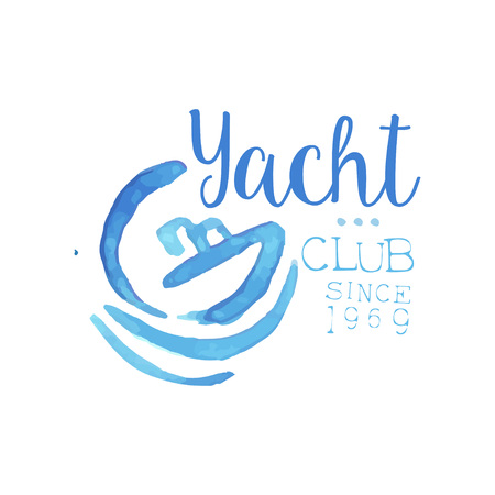 Watercolor painting with silhouette of boat and waves. Original blue emblem for yacht club. Concept of marine travel and yachting sport. Hand drawn vector designのイラスト素材