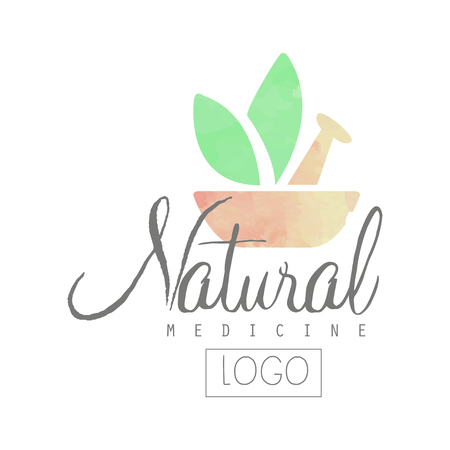 Creative watercolor logo with pestle, mortar and green leaves vector illustrationのイラスト素材