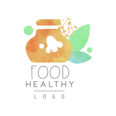 Original watercolor logo with abstract jar and green leaves vector illustrationのイラスト素材