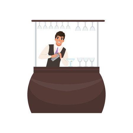 Smiling bartender mixing a cocktail drink in shaker at the bar counter, barman character at work cartoon vector Illustration on a white backgroundのイラスト素材