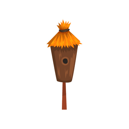 Bird house with a thatched roof, nesting box cartoon vector Illustration on a white backgroundのイラスト素材